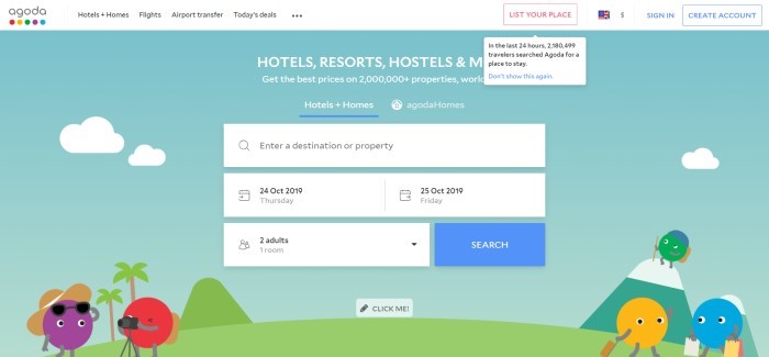 This screenshot of the home page for Agoda has a graphically designed background of a blue sky with white clouds above brightly colored dots standing on green grass with hats, cameras, and other tourist gear, behind a search box for booking lodging accommodations.