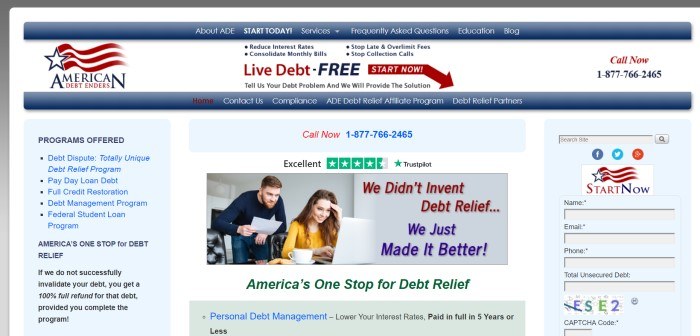 This screenshot of the home page for American Debt Enders has a white background with blue and red elements, including a blue navigation bar, and a photo of a smiling man and a smiling woman who are looking at a laptop screen, near words in red and blue that read 'We didn't invent debt relief…we just made it better.'