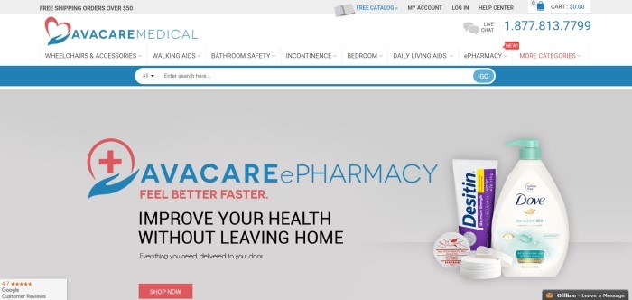 This screenshot of the home page for AvaCare Medical has a white header and navigation bar, a blue search bar, and a gray central section with a photo of some ordinary drug-store type of healthcare products and an announcement for AvaCare's new ePharmacy in red, blue, and black text.