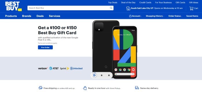 This screenshot of the home page for Best Buy has a blue banner and navigation bar, a white background, a photo of the new Google Pixel4 and 4XL side-by side, and black text offering a 0 or 0 Best Buy gift card with a blue pre-order button. 