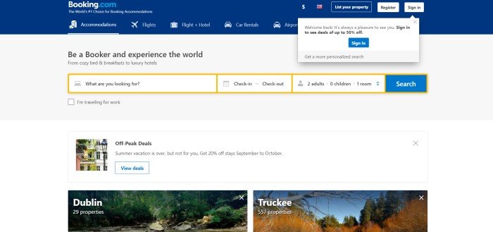 This screenshot of the home page for Booking.com has a blue navigation bar above a search section with a beige background and photos of Dublin and Truckee.