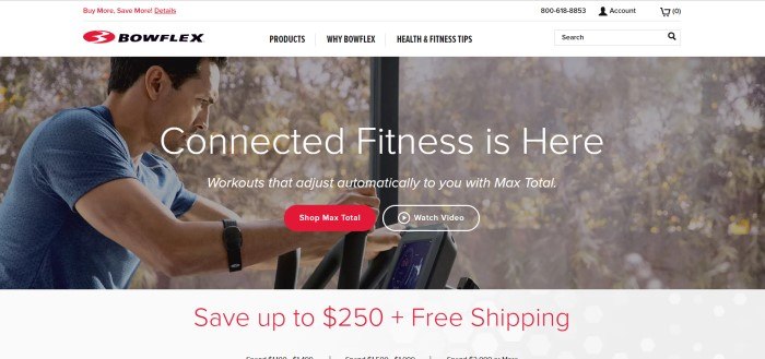 This screenshot of the home page for Bowflex includes a photo of a dark-haired man in a blue shirt using the Max Trainer, behind white text that reads "Connected fitness is here" along with a red call-to-action button.