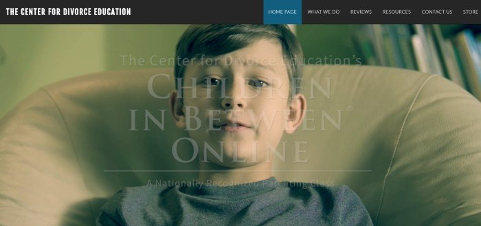 This screenshot of the home page for Center For Divorce Education has a black navigation bar above a photo of a distressed looking boy sitting in a high backed chair and wording in white that announces The Center For Divorce Education's "Children In Between" class.