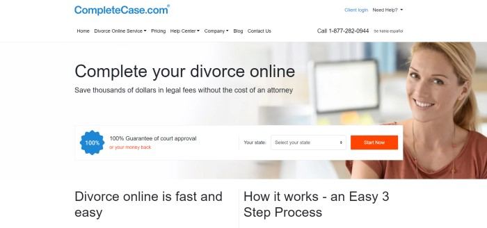 This screenshot of the home page for Complete Case has a white background with black test inviting consumers to complete their divorces online, along with a photo of a smiling brown-eyed woman in a rust-colored shirt sitting in front of a computer screen.