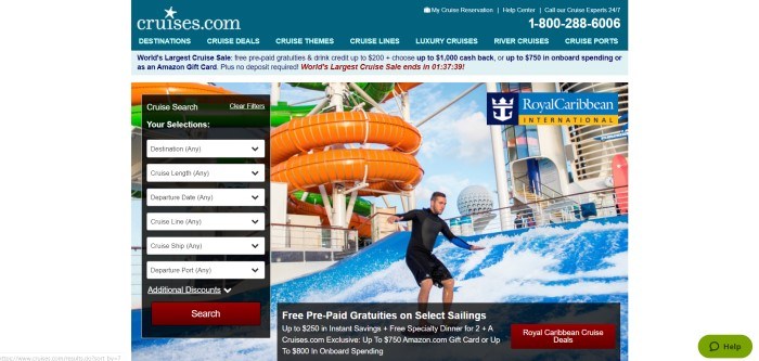 This screenshot of the home page for Cruises.com has a teal-colored navigation bar above a photo of a man in a black water suit playing in the waves at an on-board water park, near a search box.