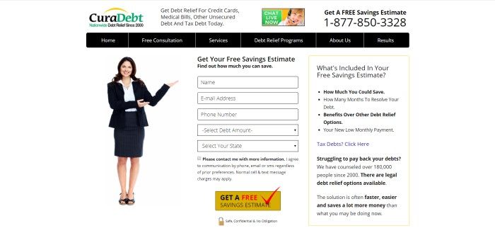 This screenshot of the home page for CuraDebt has a white background, black text and a black navigation bar, green elements in the logo, and a photo of a smiling woman in a black business suit gesturing toward an opt-in box for requesting more information.