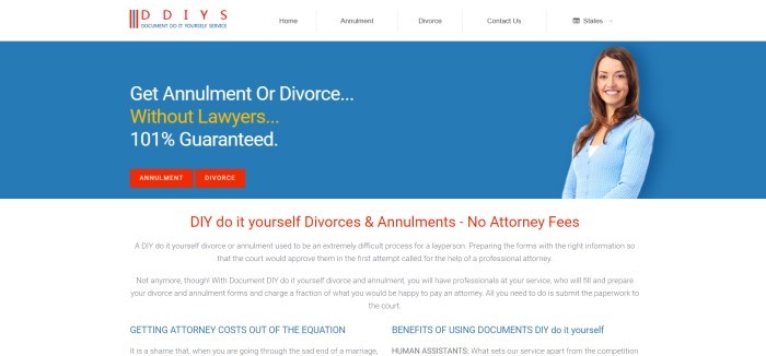 This screenshot of the home page for Document Do It Yourself Service has a white navigation bar above a blue section containing a photo of a smiling brown-haired woman in a light blue sweater next to an announcement for getting an annulment or divorce online without lawyers.