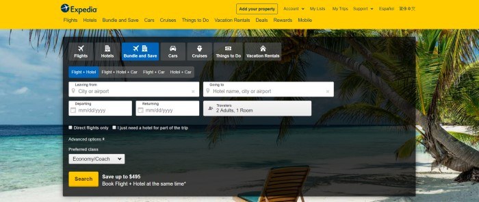 This screenshot of the home page for Expedia has a yellow navigation bar over a photo of an ocean beach, with a dark filtered section that includes search bars and information boxes for starting a travel plan search.