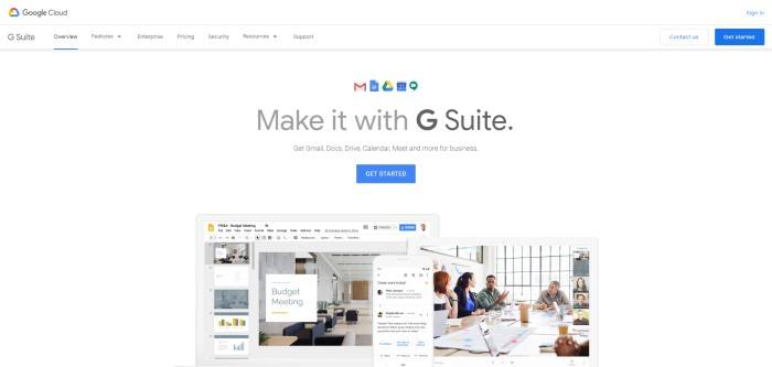 This screenshot of the home page for Google G Suite has a white background with a photo containing computer and tablet screens that display an announcement for a budget meeting and an image of a budget meeting in progress with a diverse group of people.