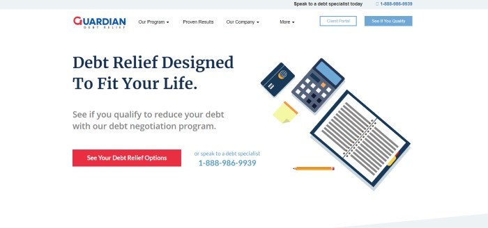 This screenshot of the home page for Guardian Debt Relief has a white background with graphic-designed images of an accounting book, calculator, credit card, and post-it note, along with a red call-to-action button and black text that reads 'Debt relief designed to fit your life.'