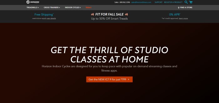 This screenshot of the home page for Horizon Fitness has a black background and navigation bar, with white text in the center of the page that reads "get the thrill of studio classes at home" and a red call-to-action button for shopping for Horizon indoor cycles.