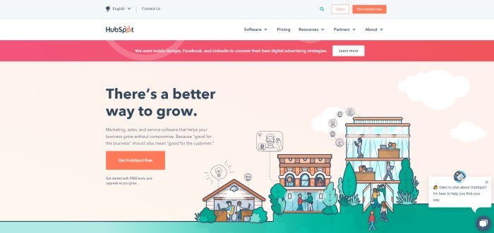 This screenshot of the home page for HubSpot has a white navigation bar, a dark pink announcement about digital advertisement strategies, and a light pink background with graphics of a home, a small business, and a large corporation with busy people, along with black text that reads 