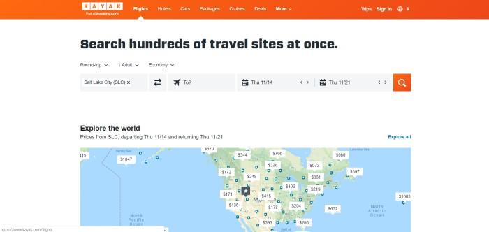 This screenshot of the home page for Kayak has an orange navigation bar, a white background with a search section, and a map with prices pinpointed on various places, below black text that reads "Explore the world."