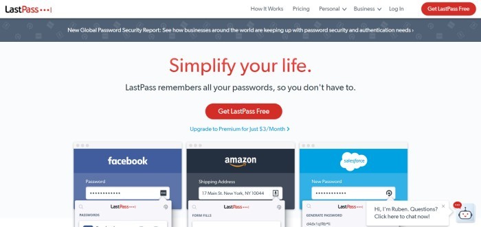 This screenshot of the home page for Last Pass has a white background with red words reading "Simplify your life" and a row of images showing how Last Pass can help access accounts like Facebook, Amazon, and Salesforce with just one password, along with a red call-to-action button.