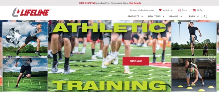 This screenshot of the home page for Lifeline Fitness includes several pictures of athletes, including a large photo of men who appear to be playing Rubgy on a green field, behind light green text that reads "Athletic Training" and a red "shop now" call-to-action button. 