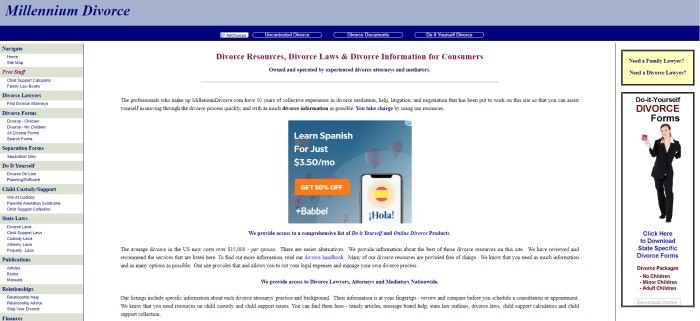 This screenshot of the home page for Millennium Divorce has a light blue header, a darker blue navigation bar, and a white background for the main middle section where several lines of text advertise divorce resources, divorce laws and divorce information, along with what looks to be a paid advertisement box for Babbel in the center of the page.