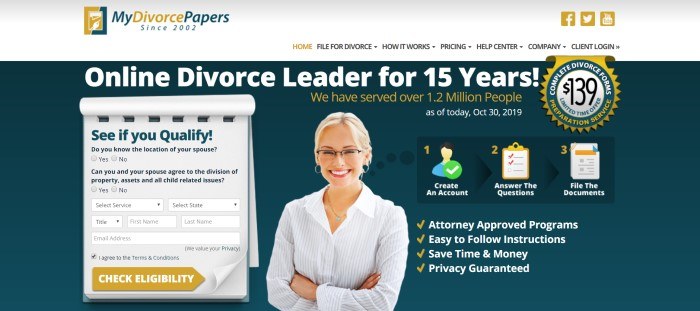 This screenshot of the home page for My Divorce Papers has a gray navigation bar with gold and dark teal elements, above a dark teal background behind a smiling blonde woman and words in white lettering that read 