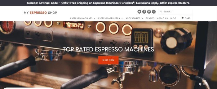 This screenshot of the home page for My Espresso Shop shows a closeup photo of a commercial espresso machine, behind the words "Top rated espresso machines" and a red "Shop now" button.