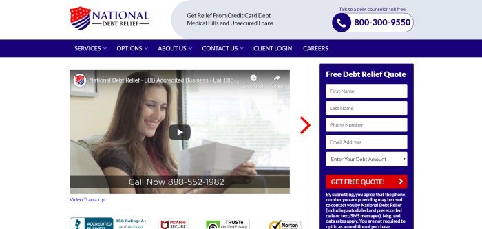 This screenshot of the home page for National Debt Relief has a white background with royal blue and red elements, an embedded video featuring a smiling woman with papers in her hand, and a box for requesting quotes on the right side of the page.