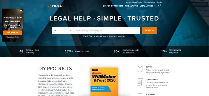 This screenshot of the home page for Nolo has a dark blue filtered photo background of a bearded man sitting an office desk, along with two orange call-to-action buttons and white words that read 