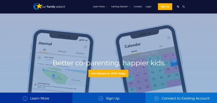 This screenshot of the home page for Our Family Wizard has a dark blue navigation bar above a light blue filtered photo showing the screens of two mobile phones with the Our Family Wizard app on them, along with an orange call-to-action button and white wording that reads "Better co-parenting, happier kids."