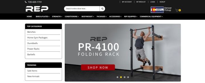 This screenshot of the home page of REP Fitness has a black navigation bar and a white background with a photo of a blonde man in gray clothing doing pull-ups on a folding rack, along with text in white and black advertising the folding rack and a red "Shop now" call-to-action button.