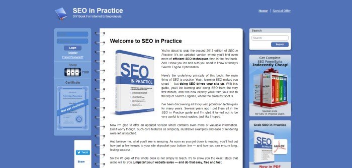 This screenshot of the home page for SEO In Practice has a blue background with a white middle section that looks like a notebook, containing black text that introduces and promotes the book 'SEO In Practice,' as well as a blue opt-in box, a white search box, and an advertisement for SEO PowerSuite. 