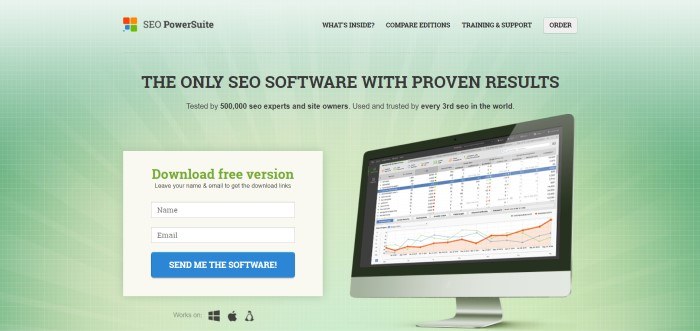  This screenshot of the home page for SEOPowerSuite has a green background with white gridlines, a photo of a monitor showing SEO metrics, an opt-in box inviting customers to download a free version, and text in black lettering introducing SEOPowerSuite as the only software with proven results.