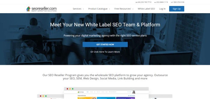 This screenshot of the home page for SEOReseller has a dark blue filtered photo of a room full of people working on computers, behind white text announcing SEOReller as a white label SEO team and platform.