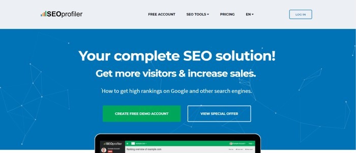  This screenshot of the home page for SEOprofiler has a blue background with white text announcing SEO profiler as the complete SEO solution, along with a green call-to-action button for creating a free demo account.