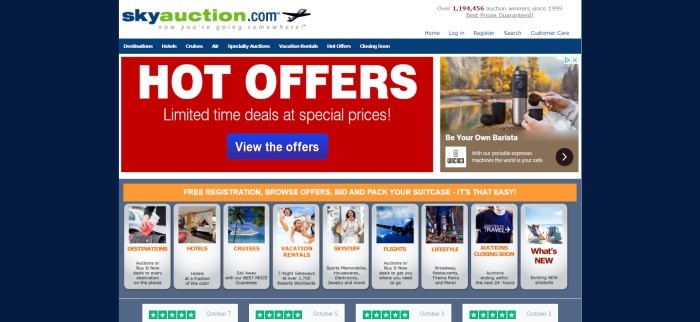 This screenshot of the home page for Sky Auction has a large advertisement in red, white, and blue for limited-time offers, above row of photos and links to vacation rentals, hotels, etc.