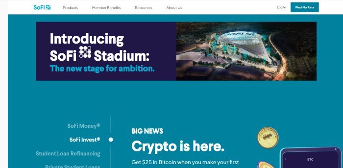 This screenshot of the home page for SoFi has a teal background with a dark blue section containing a photo of the SoFi stadium next to white and blue text that reads 'Introducing SoFi Stadium: The new stage for ambition.'