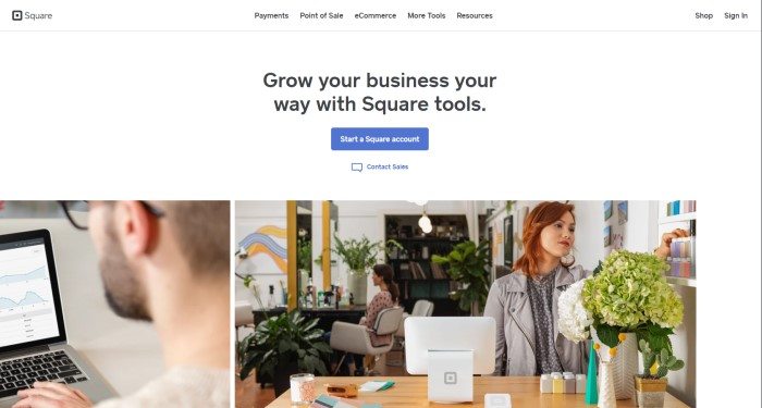 This screenshot of the home page for Square has a white background with black text that reads "Grow your business your way with Square tools" above a row of photos showing various people using square tools in business situations.