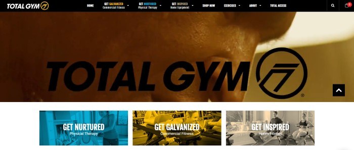 This screenshot of the home page for Total Gym shows a close-up profile of the face of a man who appears to be working out, behind black text reading "Total Gym."