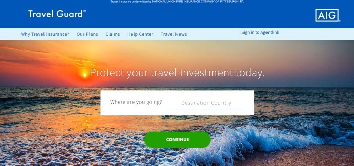 This screenshot of the home page for Travel Guard has a royal blue header, a light blue navigation bar, and a large photo of a sunset over the ocean behind white text that reads "Protect your travel investment today."