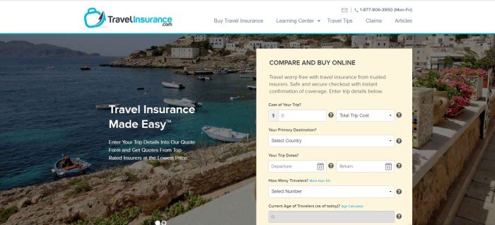 This screenshot of the home page for TravelInsurance.com has a white background, a large dark-filtered photo of a coastal town with boats in the water, and a pale yellow comparison box where customers can begin to search for the best travelers insurance quotes.