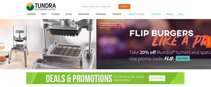 This screenshot of the home page for Tundra Restaurant Supply has a white navigation bar, a photo of what appears to be a french fry press, an advertisement for Mundial products, and a green banner advertising deep discounts.