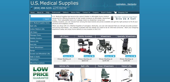 This screenshot of the home page for U.S. Medical Supplies has a blue background, a dark blue header and navigation bar, a dark blue search bar and links on the left, and a white text box in the center and right that includes black text and photos of a selection of wheelchairs and lifts.