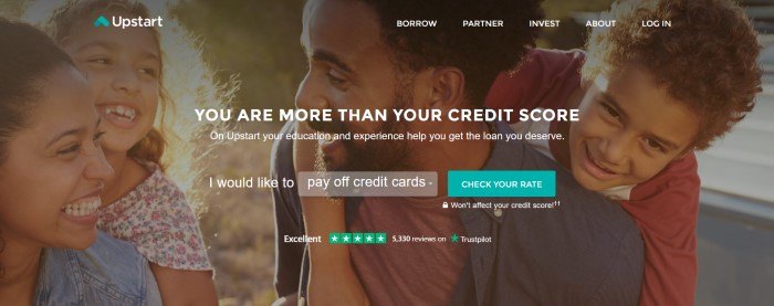  This screenshot of the home page for Upstart includes a filtered photo of a smiling family behind white lettering that reads 'You are more than your credit score,' along with an opt-in section with a teal-colored call-to-action button.