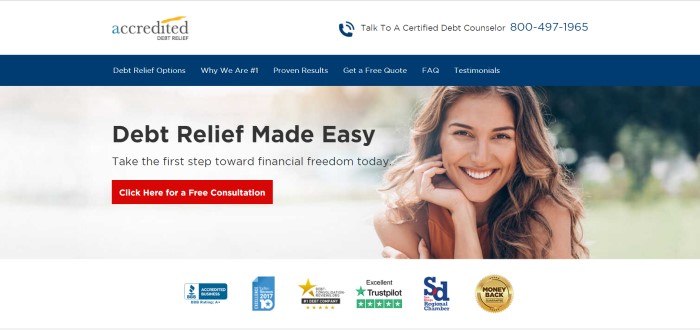 This screenshot of the home page for Accredited Debt Relief has a blue navigation bar, a red call to action button, and a photo of a smiling woman next to black text that reads 'Debt relief made easy.'