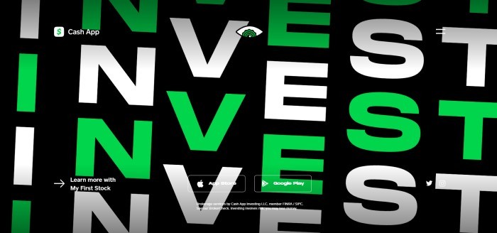 This screenshot of the home page for Cash App has a black background with white and green letters spelling out the word "Invest" several times.