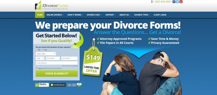 This screenshot of the home page for iDivorce Forms has a dark blue background with mostly white text announcing divorce forms help, along with a 'get started' window and a photo of a man and woman sitting back to back with their heads in their hands. 