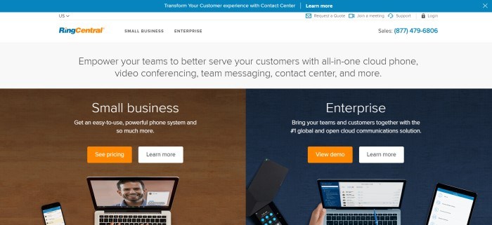 This screenshot of the home page for Ring Central has a white navigation bar and black text inviting businesspeople to empower their teams, above a section with a brown wooden desktop background and an open laptop for small businesses and a section with a dark blue desktop background and an open laptop for enterprises.