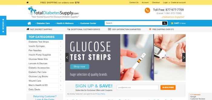 This screenshot of the home page for Total Diabetes Supply has a yellow and white header, a blue navigation bar, a white background and link list on the left, and a photo of someone's hands as they take blood and test it, next to an advertisement in a gray box for glucose test strips.