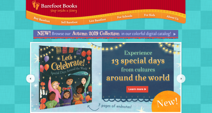 A website screenshot from barefoot books showing one of their books and the idea of celebrating