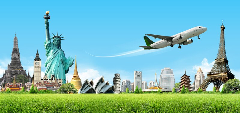 This image shows an airplane flying over a row of global landmarks, including the Statue of Liberty, the Eiffel Tower, and several others, representing the best flight booking affiliate programs.