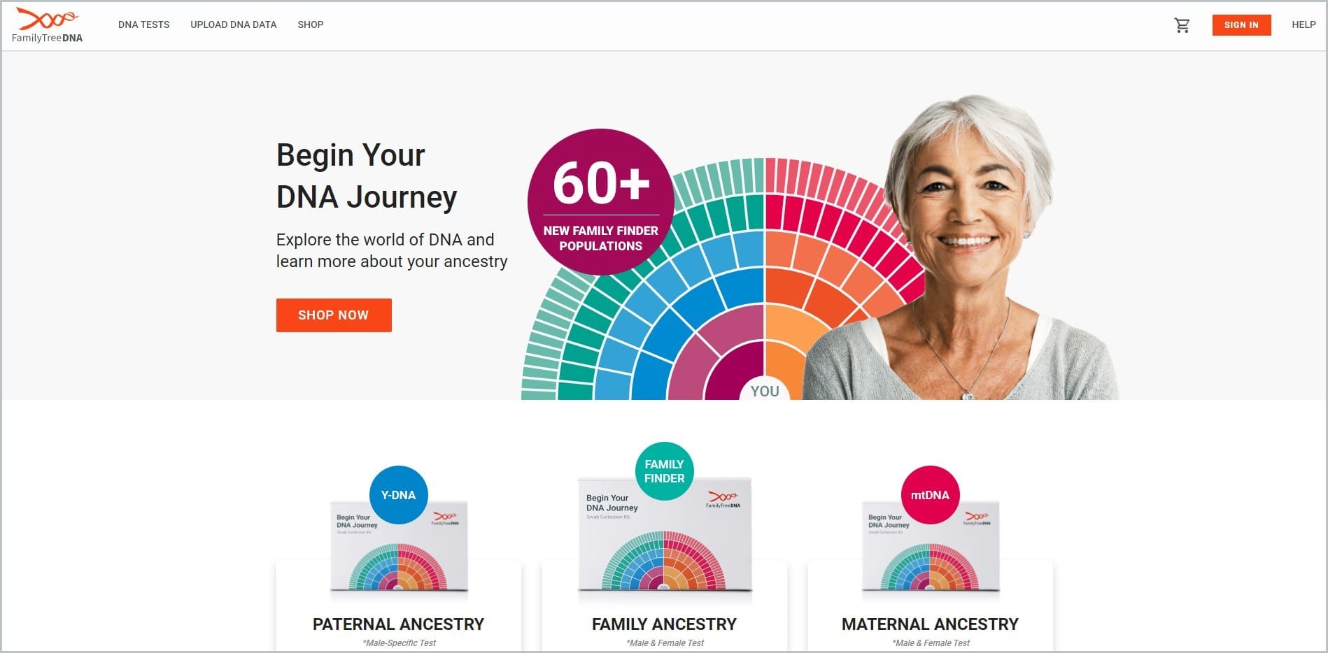 screenshot of FamilyTreeDNA homepage, with white header bearing the website's name and main navigation menu, showcasing an elderly smiling woman in white top with a colorful palate behind her