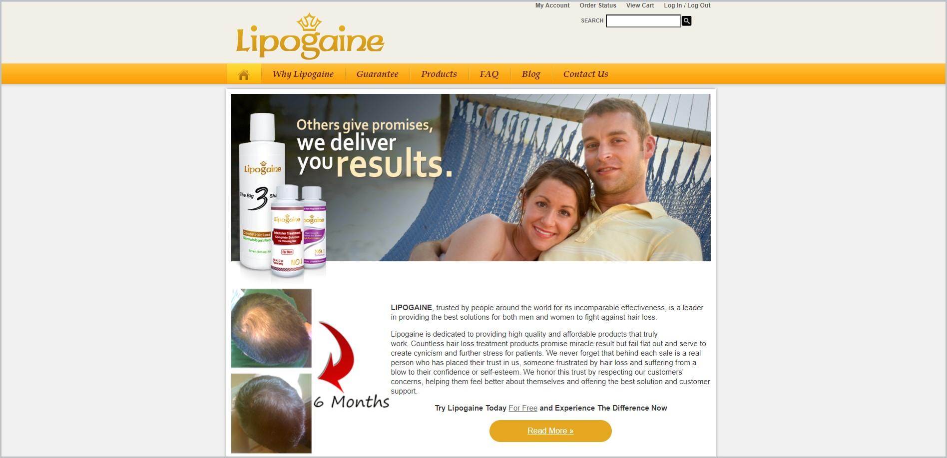 screenshot of Lipogaine homepage with yellow navigation bar and the website's name above it, it showcases an image of a couple on a hammock and an image of the website's products