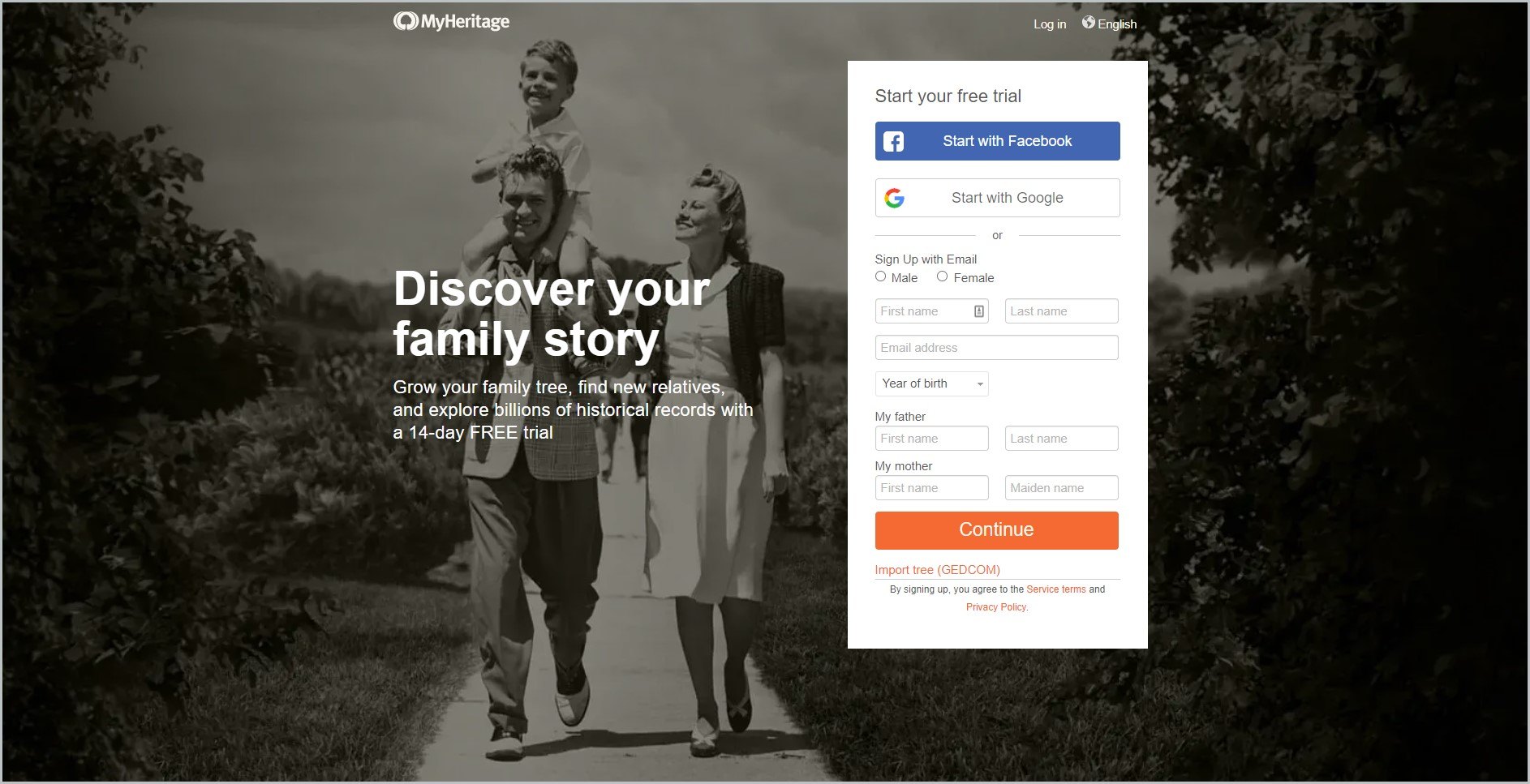 screenshot of MyHeritage homepage, showing the website's name and a signup area for their 14-day free trial offer, it also showcases a vintage family photo as background