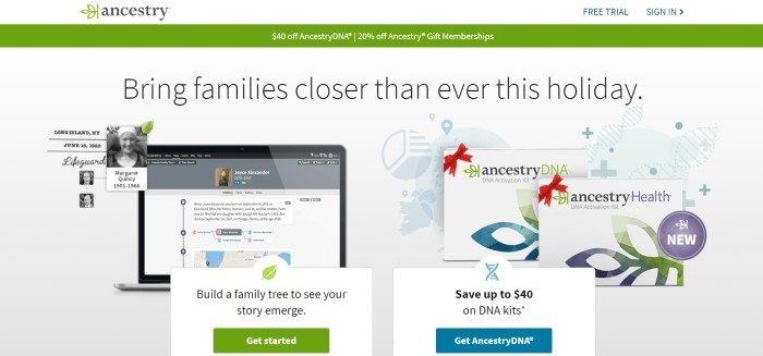 This screenshot of the home page for Ancestry includes a white navigation bar, a green sales bar, and a white section with black text that shows a family tree on a computer screen and a green call-to-action button to get started, as well as a photo of DNA kits and a blue call-to-action button.